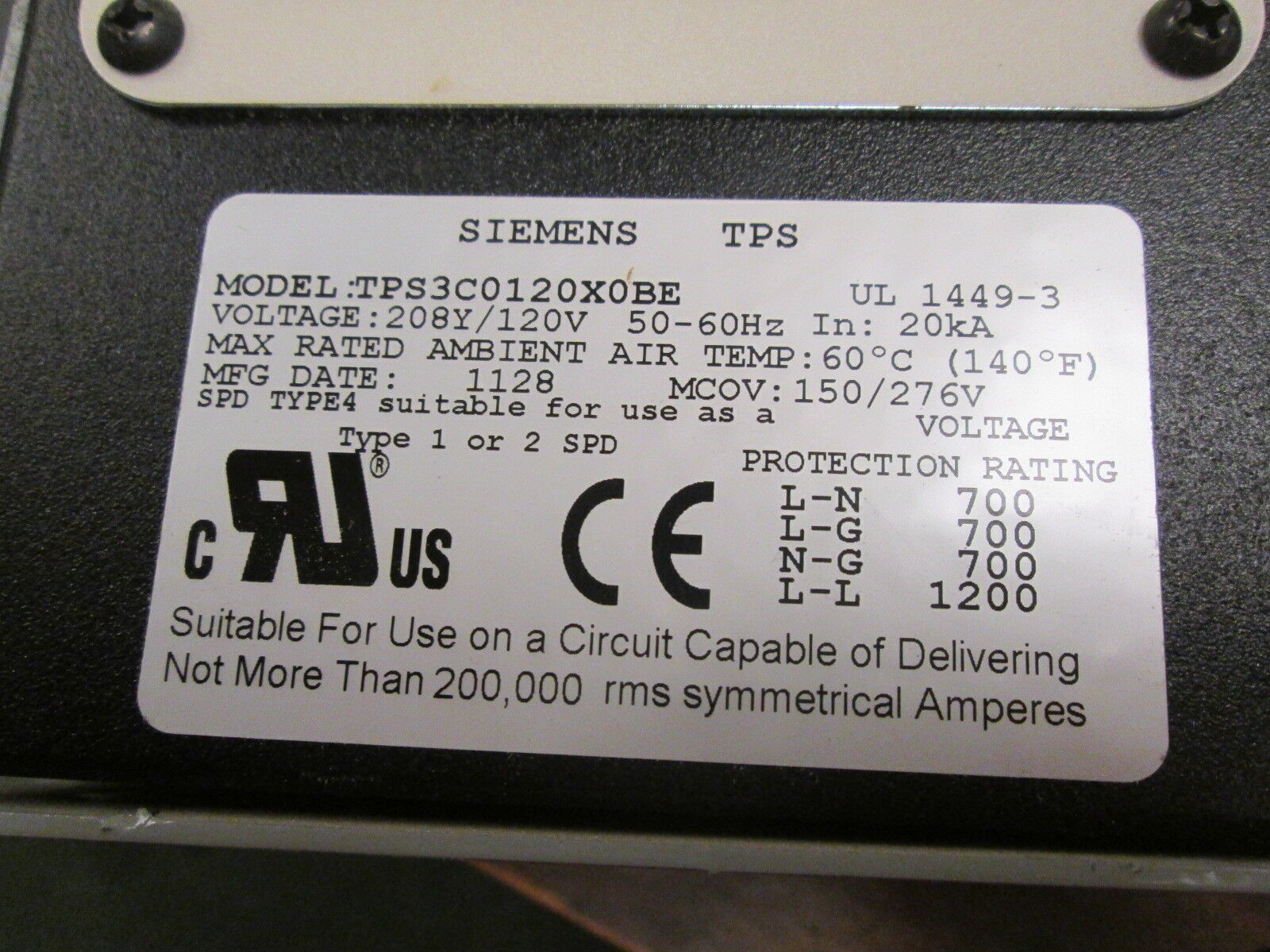 Siemens Enclosed TPS Suppression Module TPS3C0120XBE 208Y/120V 50-60Hz Used