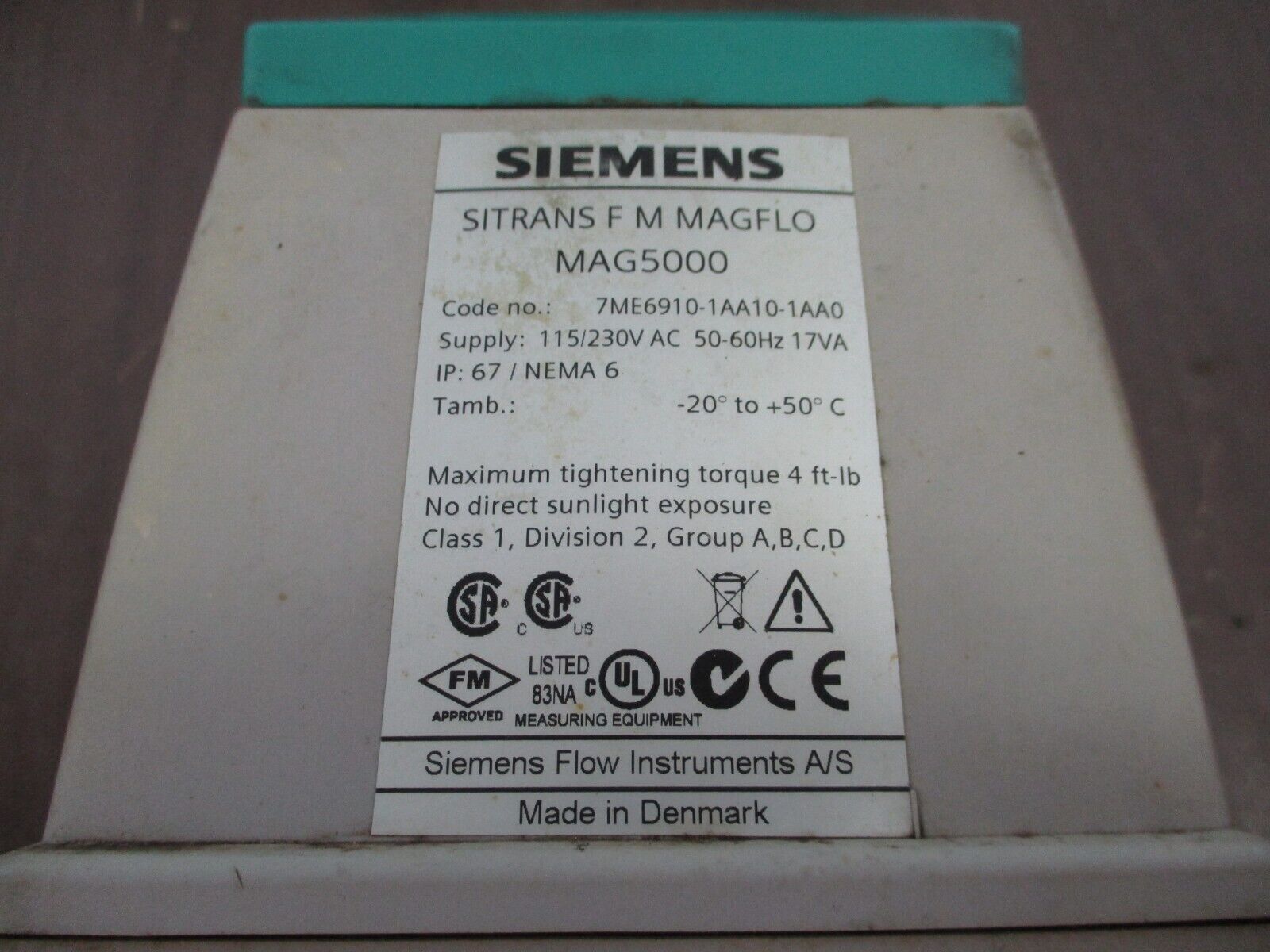 Siemens Sitrans F M Magflo MAG5000 Flow Transmitter 7ME6910-1AA10-1AA0 115/230V