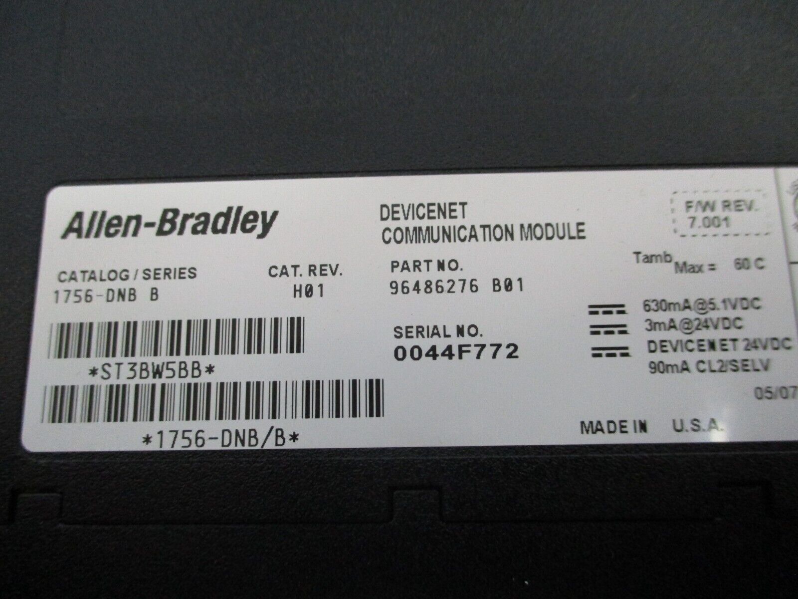 Allen-Bradley DeviceNet Comm. Module 1756-DNB Ser. B Rev: H01 F/W Rev. 7.001