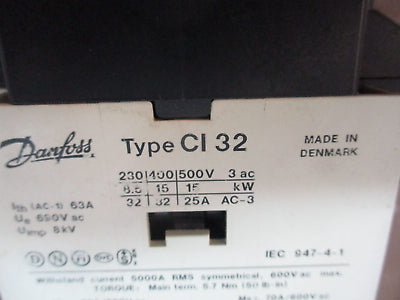 Danfoss Contactor CI 32 110-120V Coil 70A 600V w/ (3) Aux Contacts Used