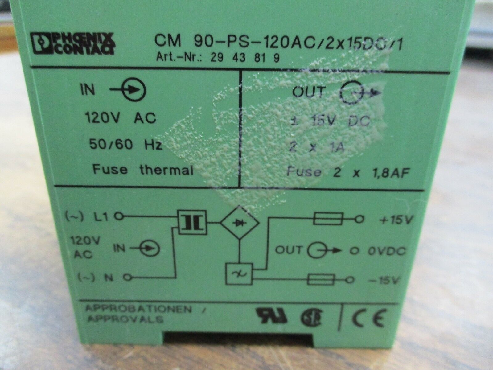 Phoenix Contact Power Supply CM 90-PS-120AC/2x15DC/1 Used