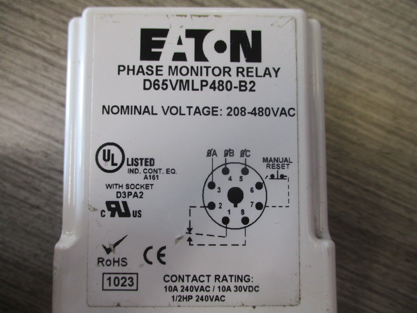 Eaton Phase Monitor Relay D65VMLP480-B2 208-480V W/Base Used