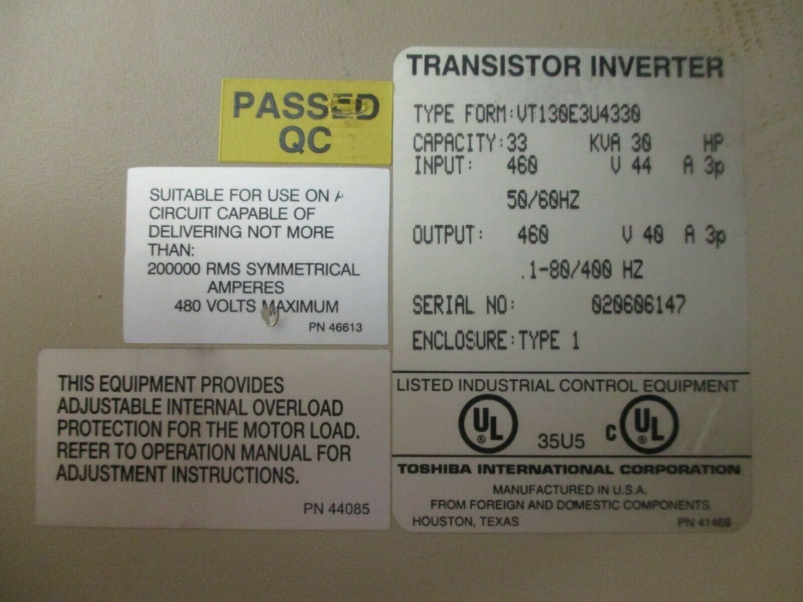 Toshiba E3 AC Drive VT130E3U4330 30HP 3Ph Used