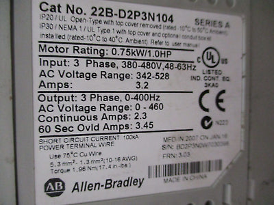 Allen-Bradley PowerFlex 40 AC Drive 22B-D2P3N104 1HP 3Ph Out: 0-460V 2.3A Used