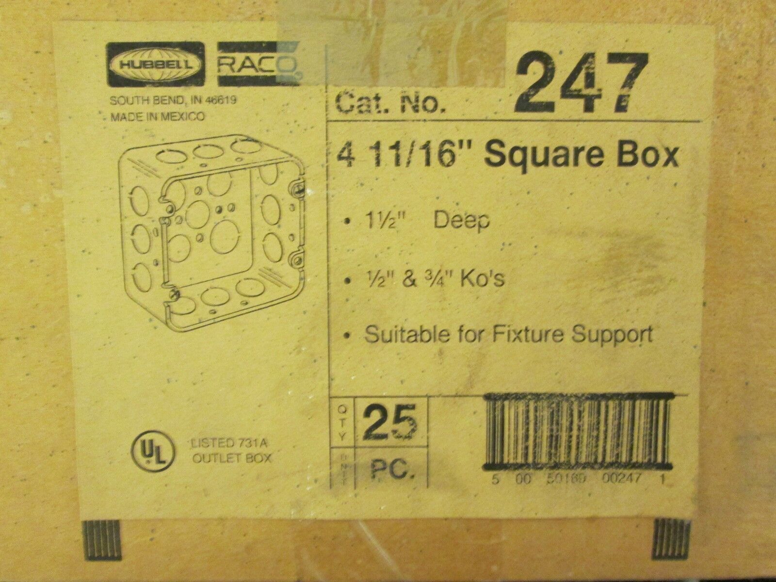 Raco Outlet Box 247 Size 4-11/16" 1-1/2" deep square box of 25 New Surplus