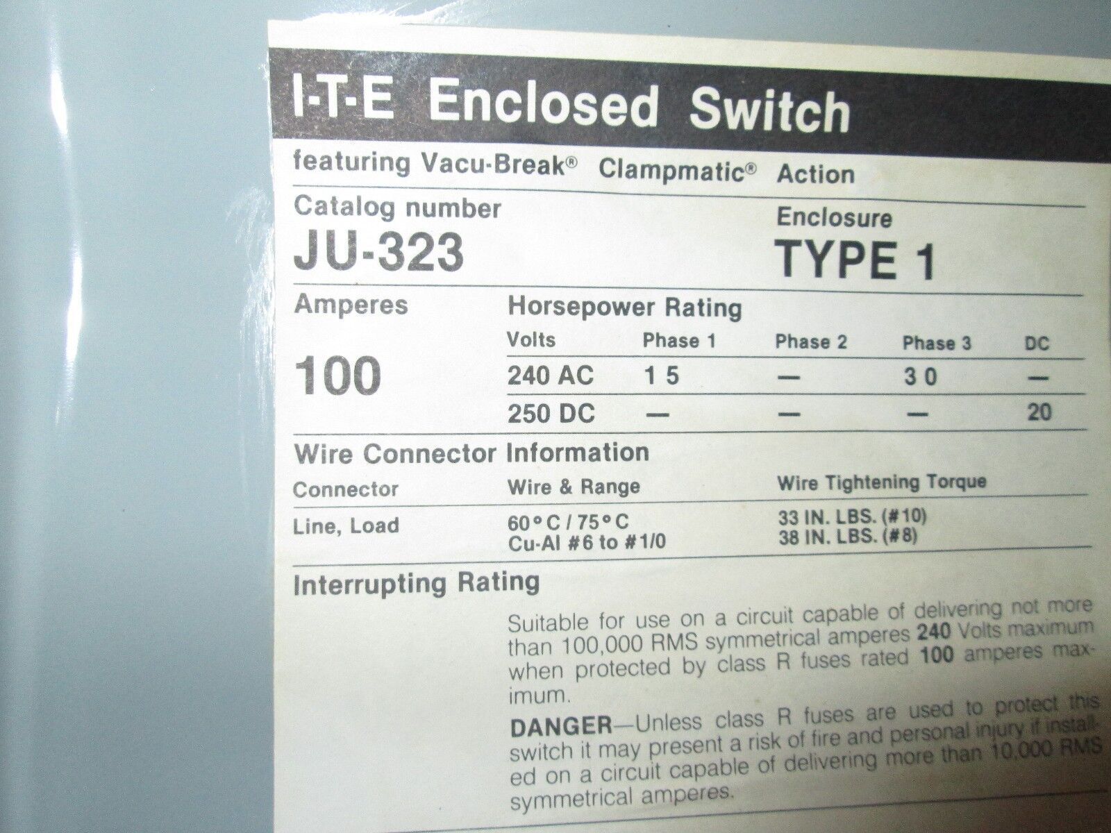Siemens / ITE Non-fusible Safety Switch JU323 100A 240V 3P *Some shelfwear* New