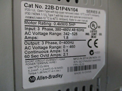 Allen-Bradley PowerFlex 40 AC Drive 22B-D1P4N104 0.5HP 3Ph Used