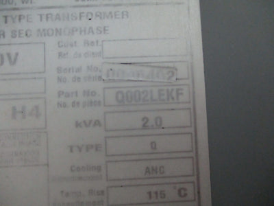 Hammond Transformer Q002LEKF 2kVA Pri: 240/480V Sec: 120/240V Nema 3R 60Hz Used