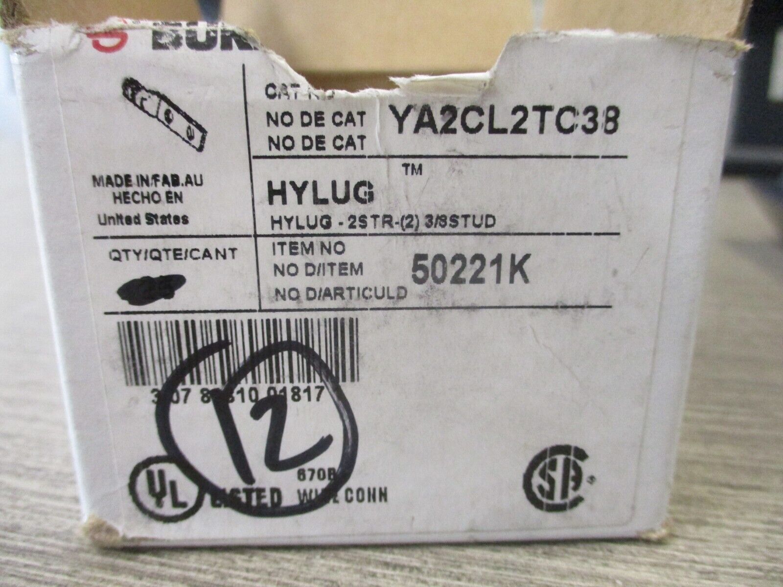 Burndy Hylug Crimp Lug YA2CL2TC38 2STR-(2) 3/8 Stud *Box of 12* Used.