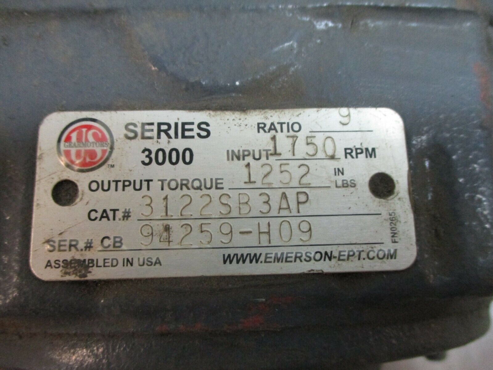 US Motors Series 3000 Reducer 3122SB3AP Ratio 9:1 1800 RPM In Used