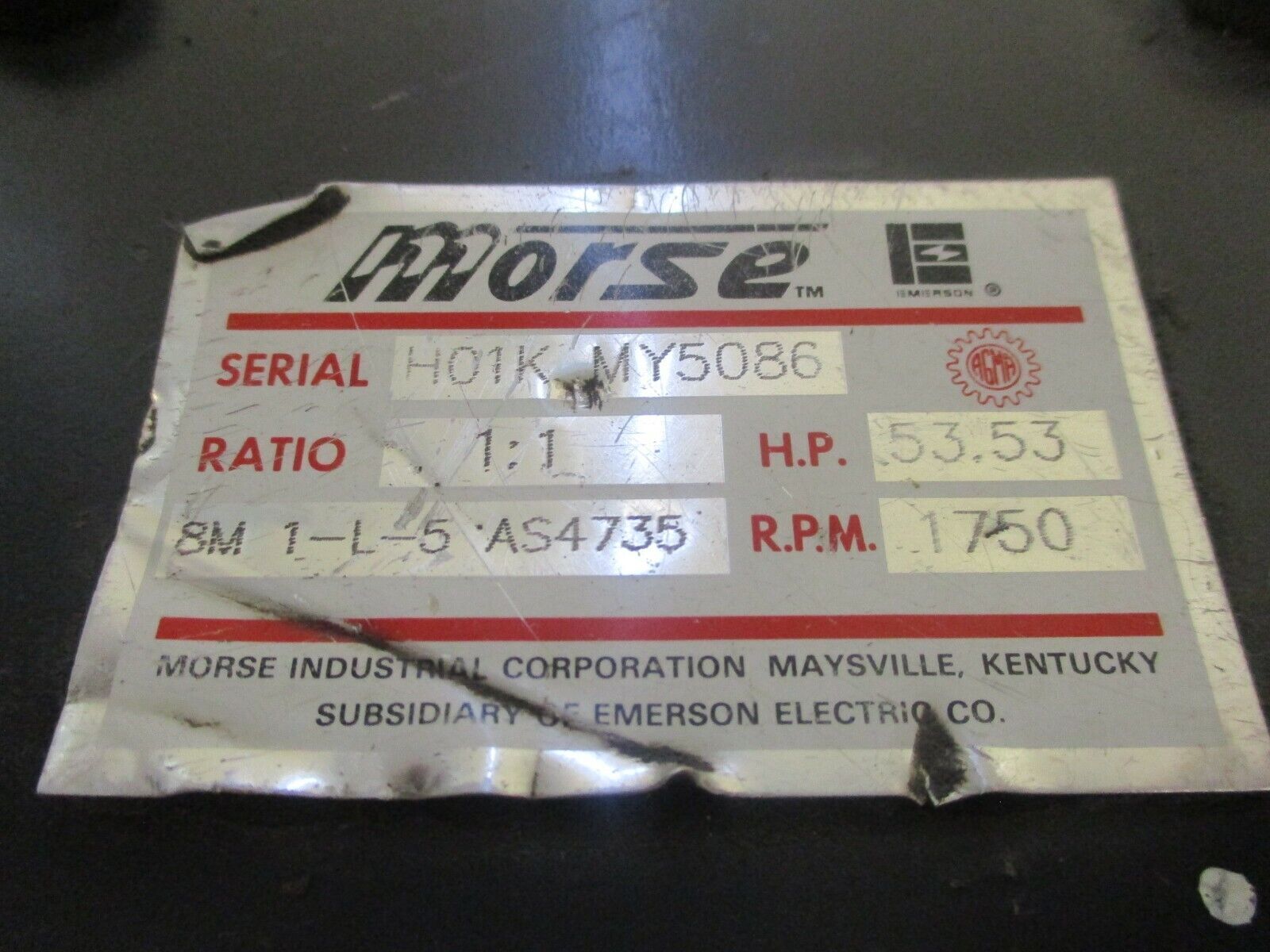 Morse Bevel Gear Reducer 8M 1-L-5 AS4735 Ratio 1:1 53.53HP In Used
