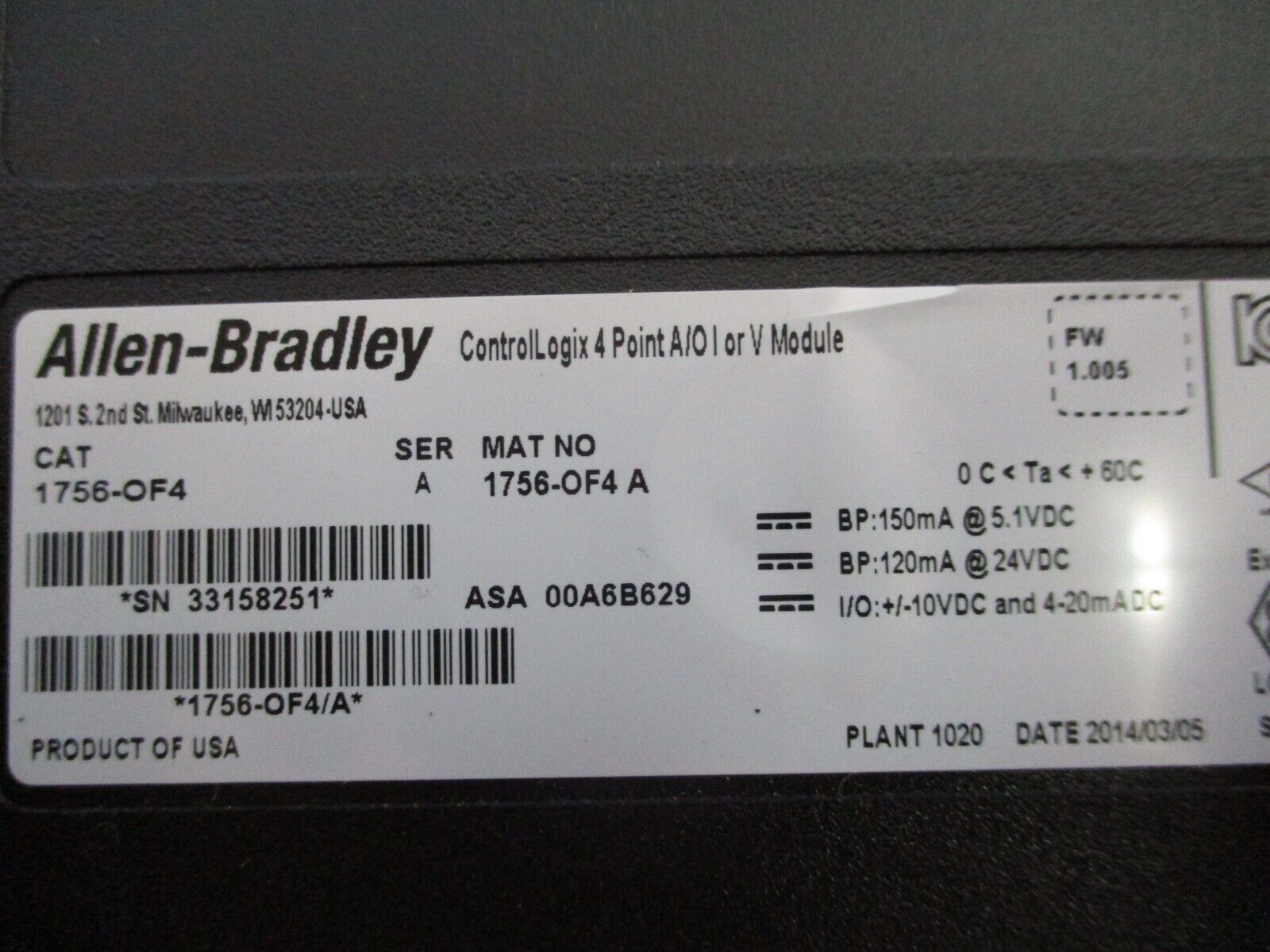 Allen-Bradley ControlLogix A/O I or V Module 1756-OF4 Ser. A F/W Rev. 1.005 4PT