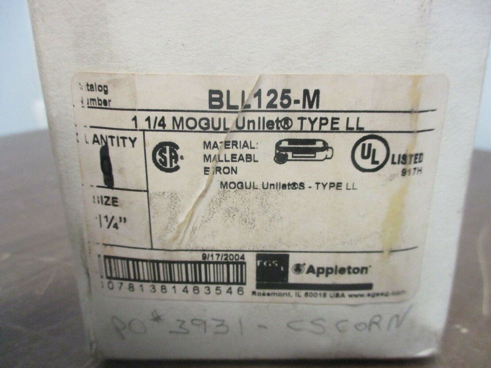 Appleton Unilet Conduit Body BLL125-M Mogul Size: 1-1/4" New Surplus