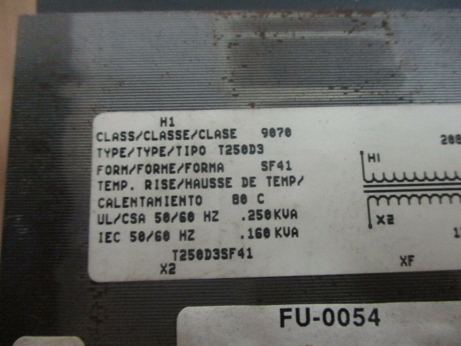Square D Transformer 9070 T250D3 SF41 0.250kVA Pri: 208V Sec: 120V 50/60Hz Used