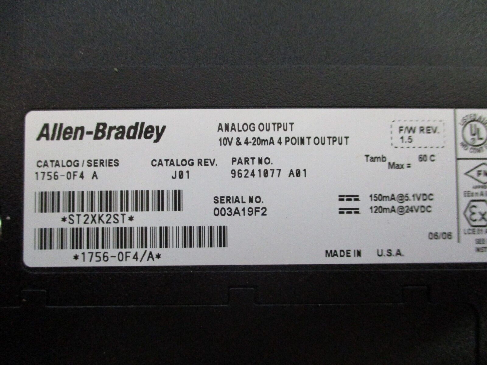 Allen-Bradley Analog Output Module 1756-OF4 Ser. A Rev. J01 F/W Rev. 1.5 4PT 10V