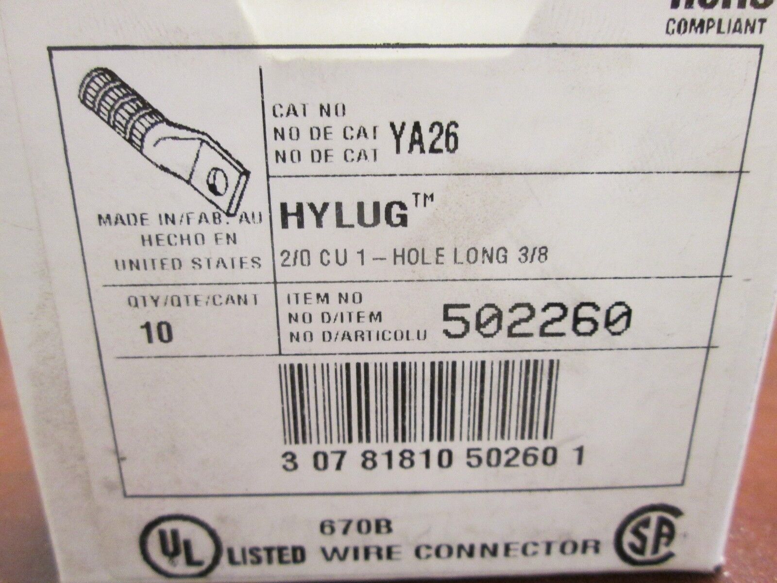 Burndy Crimp Lug YA26 2/0 AWG CU Black Die 13 Lot of 10 New