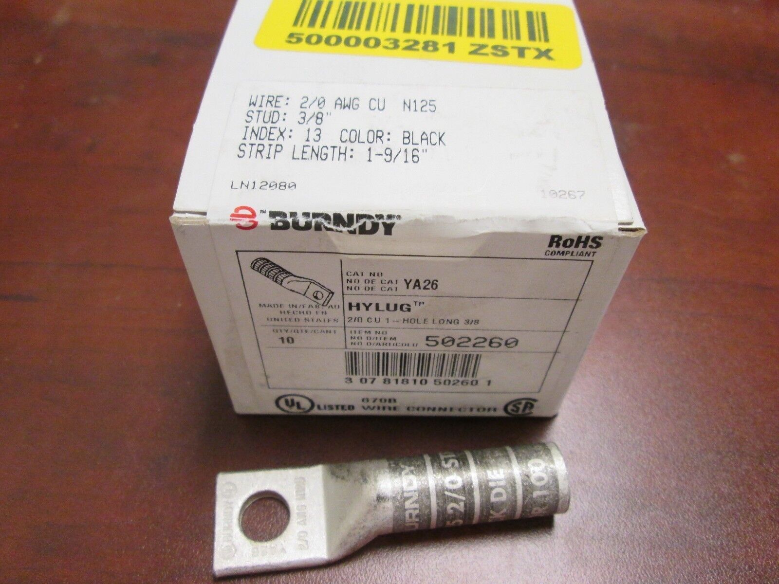 Burndy Crimp Lug YA26 2/0 AWG CU Black Die 13 Lot of 10 New