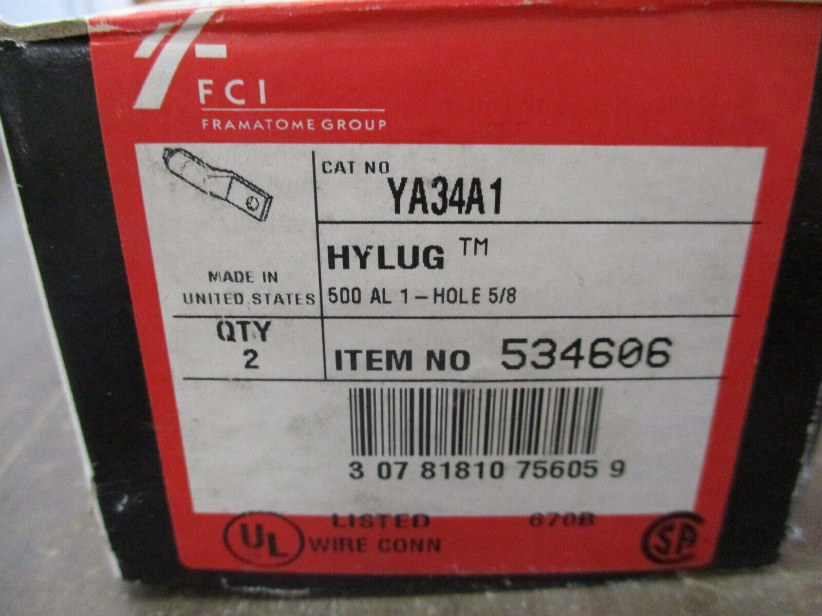 Burndy Hylug Crimp Lug YA34A1 500 AL 1-Hole 5/8" *Box of 2* New Surplus