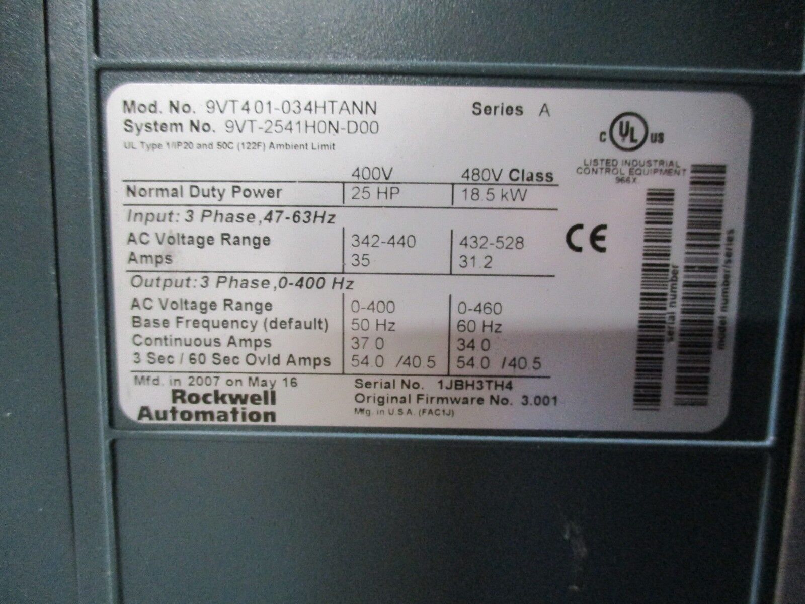 Rockwell Automation VTAC 9 AC Drive w/ Bypass 9VT-2541H0N-D00 25HP 3Ph Used