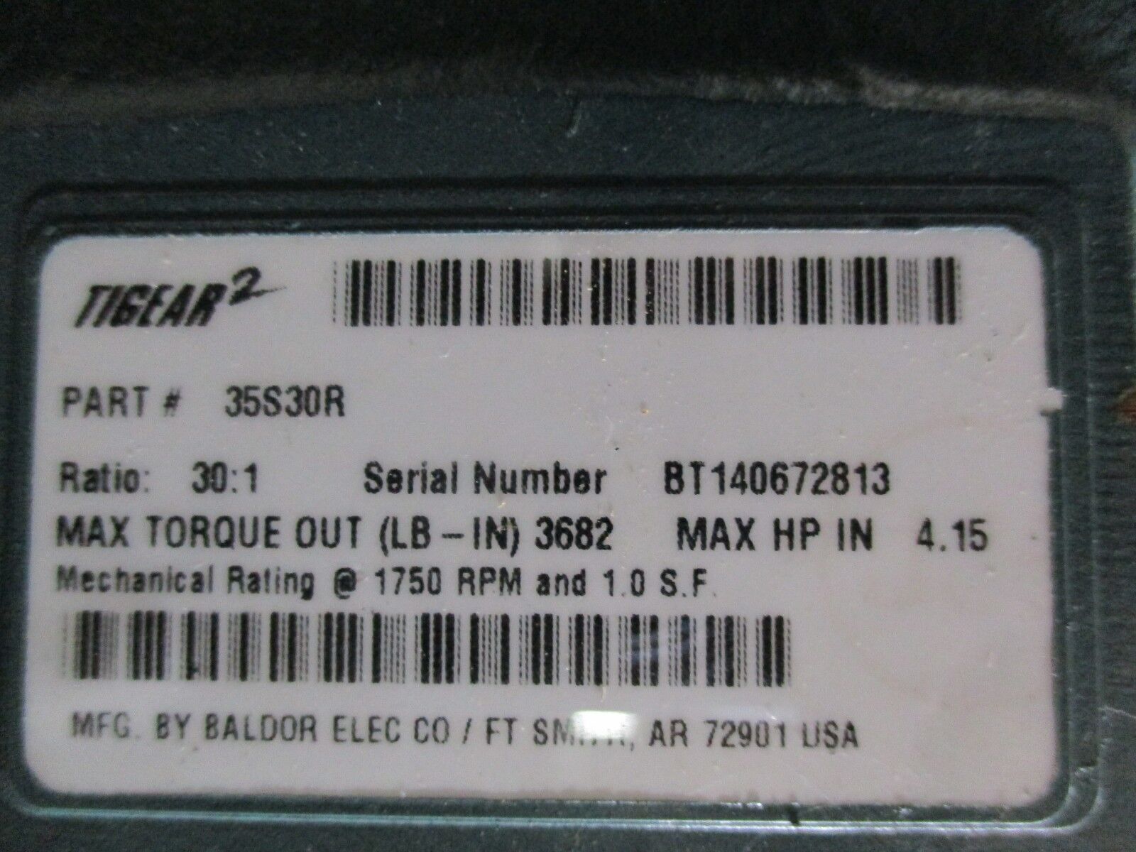 Baldor Tigear 2 Reducer 35S30R Ratio 30:1 3682 lb-in Torque 4.15HP In 1750RPM In