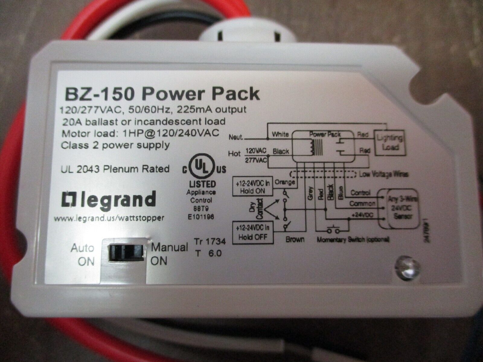 Legrand Wattstopper Power Pack BZ-150 120/277V, 50/60Hz 24VDC 225mA Man/Aut-on