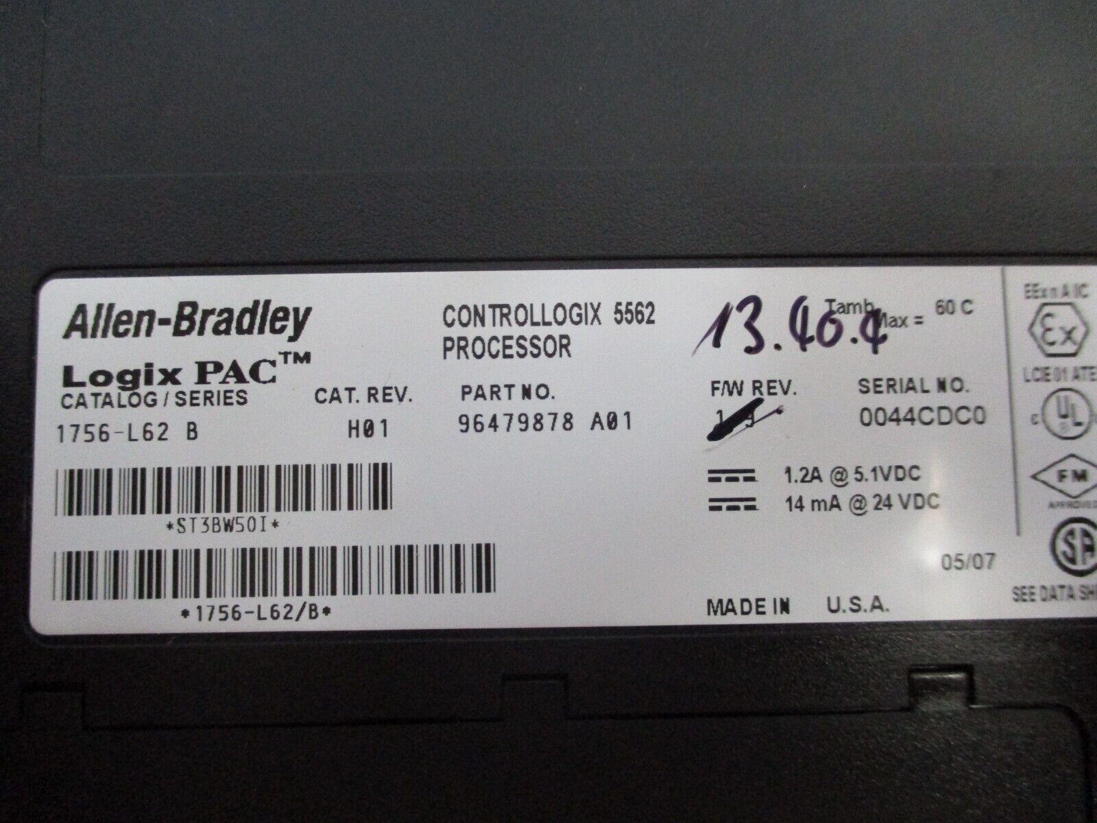 Allen-Bradley Logix PAC ControlLogix 5562 Processor Unit 1756-L62 Ser. B Used