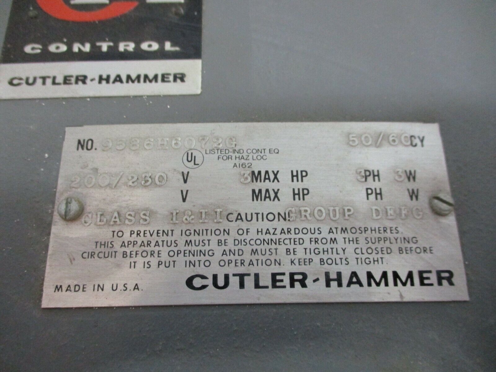 Cutler-Hammer Explosion Proof Starter 9586H6072G 3HP 200/230V 3ph 3W 50/60Hz