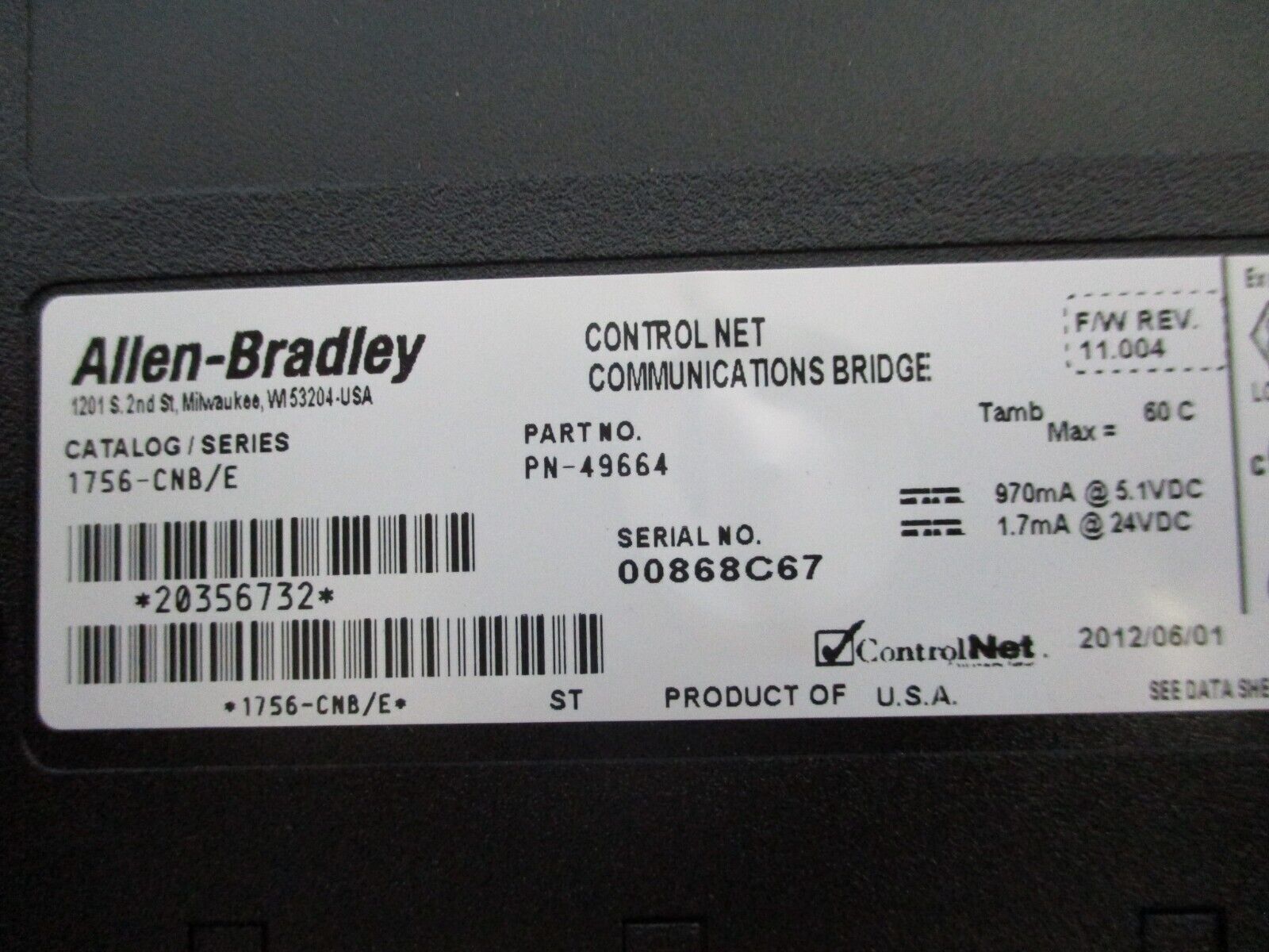 Allen-Bradley ControlNet Comm. Bridge Module 1756-CNB Ser. E F/W Rev. 11.004