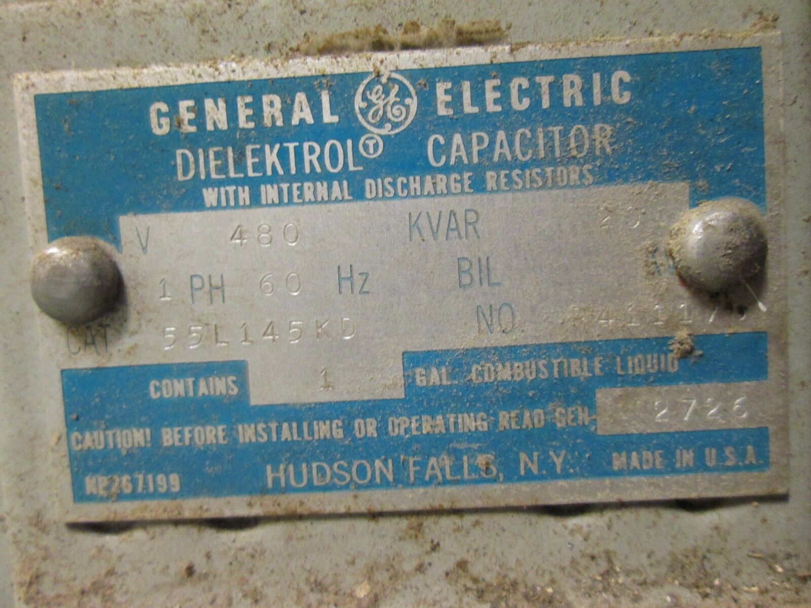 GE Dielektrol Capacitor 55L145KD 20 KVAR 480V 60Hz 1Ph Used