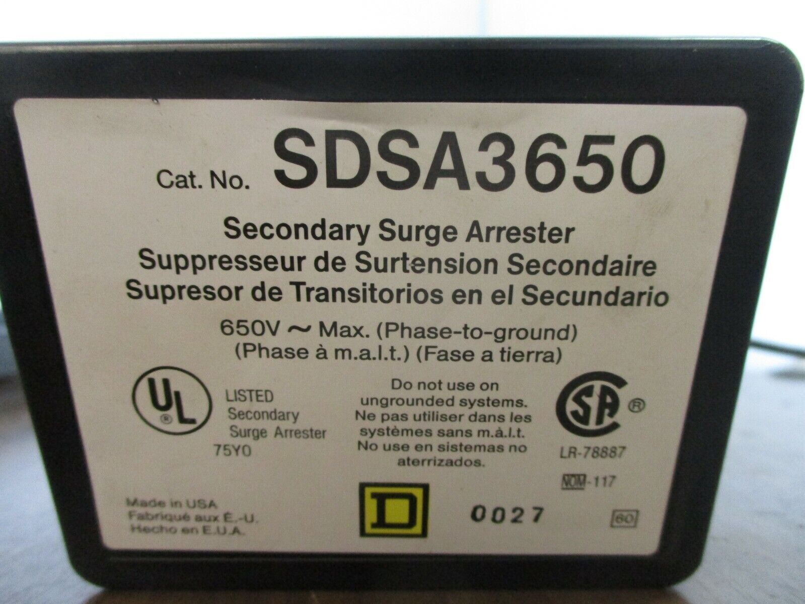 Square D Secondary Surge Arrester SDSA3650 650VAC Used