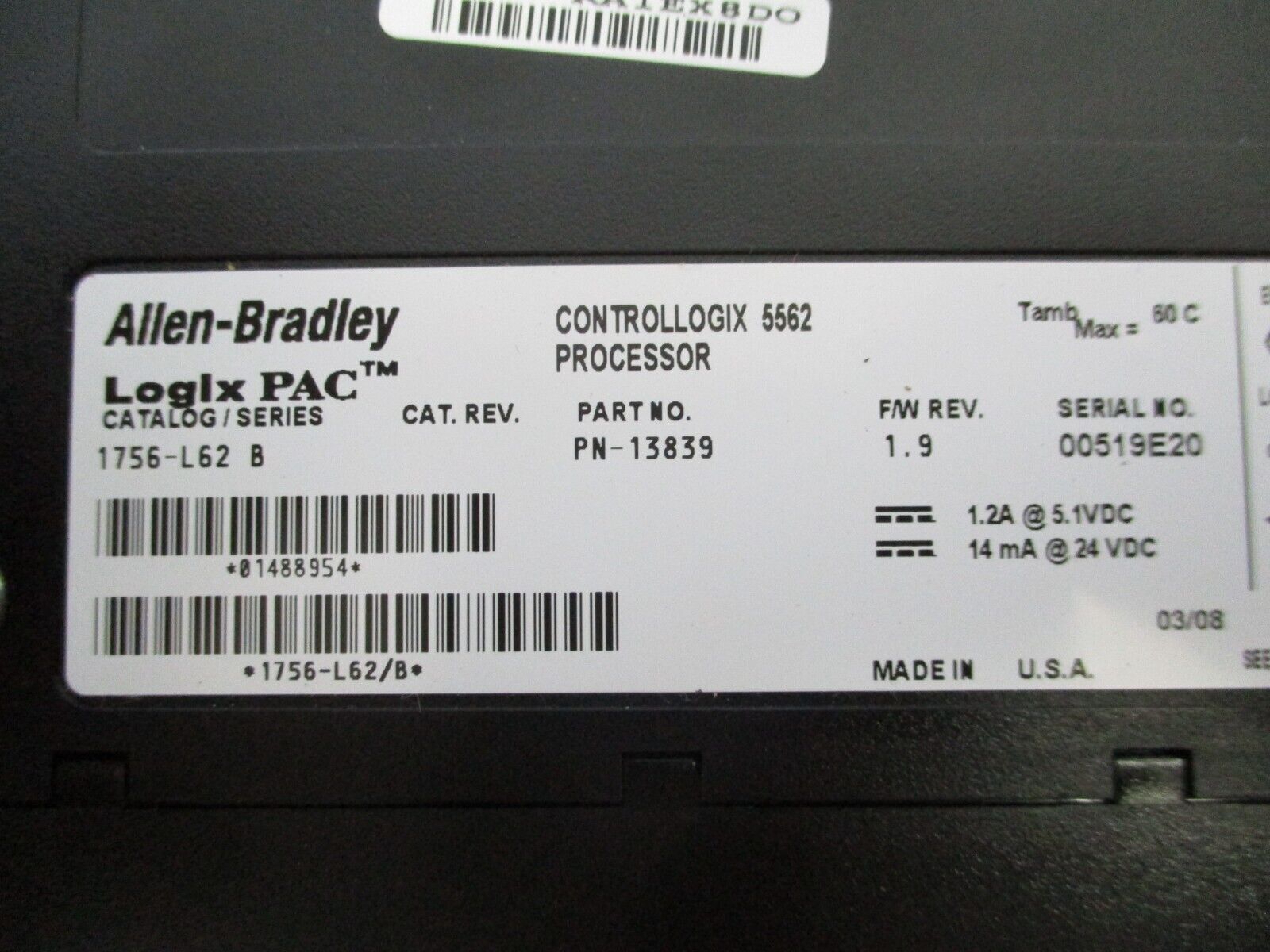 Allen-Bradley Logix PAC ControlLogix 4MB Memory Controller 1756-L62 Ser B Used