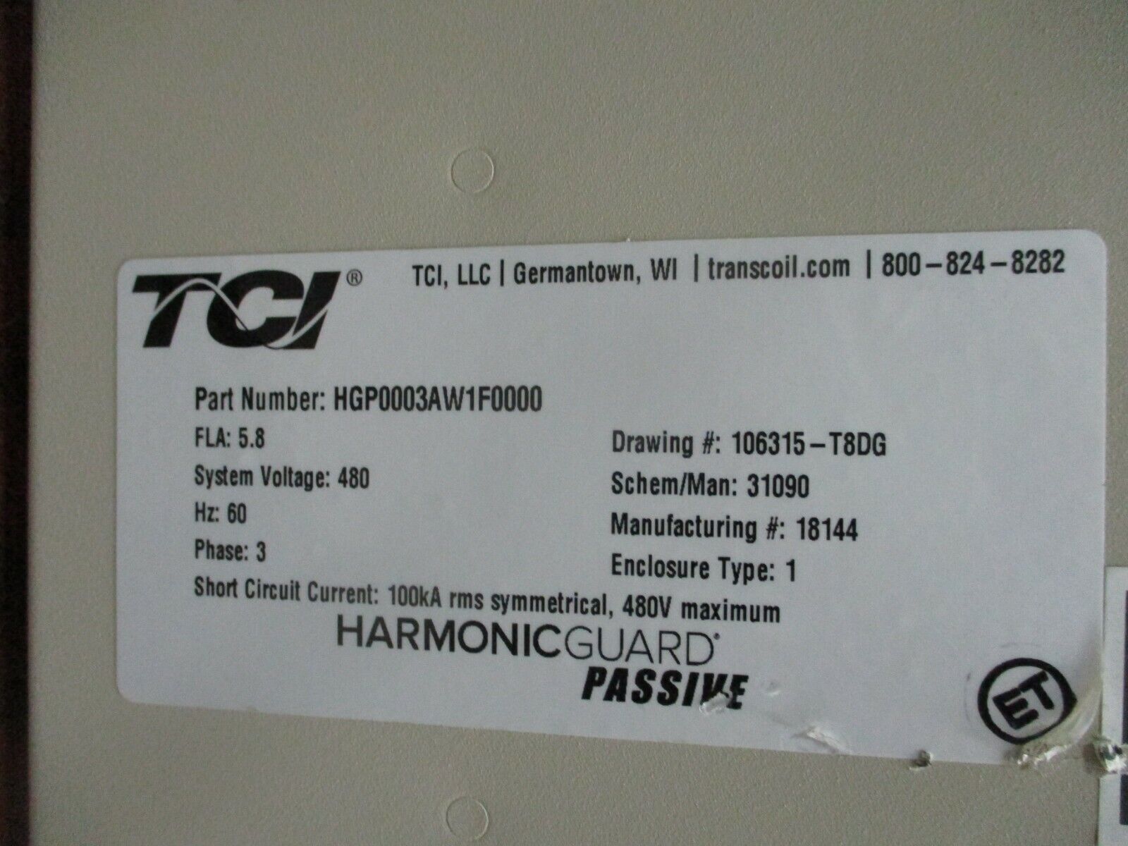 TCI HarmonicGuard Passive Harmonic Filter HGP0003AW1F0000 5.8A 480V 60Hz Used