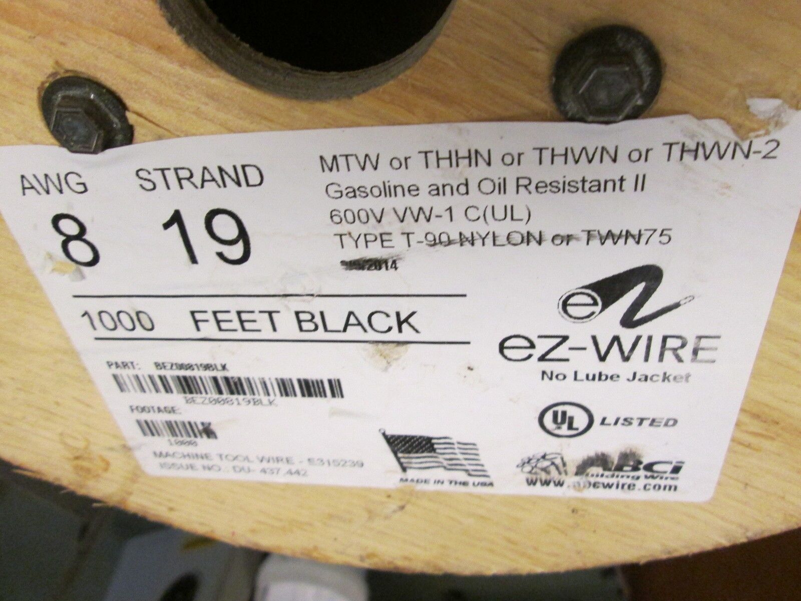 ABCi Building Wire EZ-Wire BEZ00819BLK 8 AWG 19 Strand 600V Approx. 136 ft Used