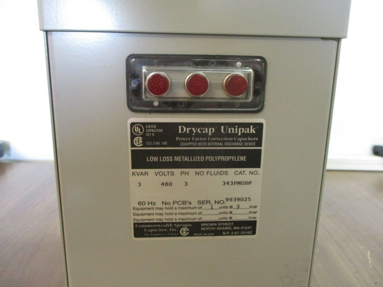Commonwealth Sprague DryCap Unipack Capacitor 343PMUDF 3kVAR 480V 3Ph 60Hz