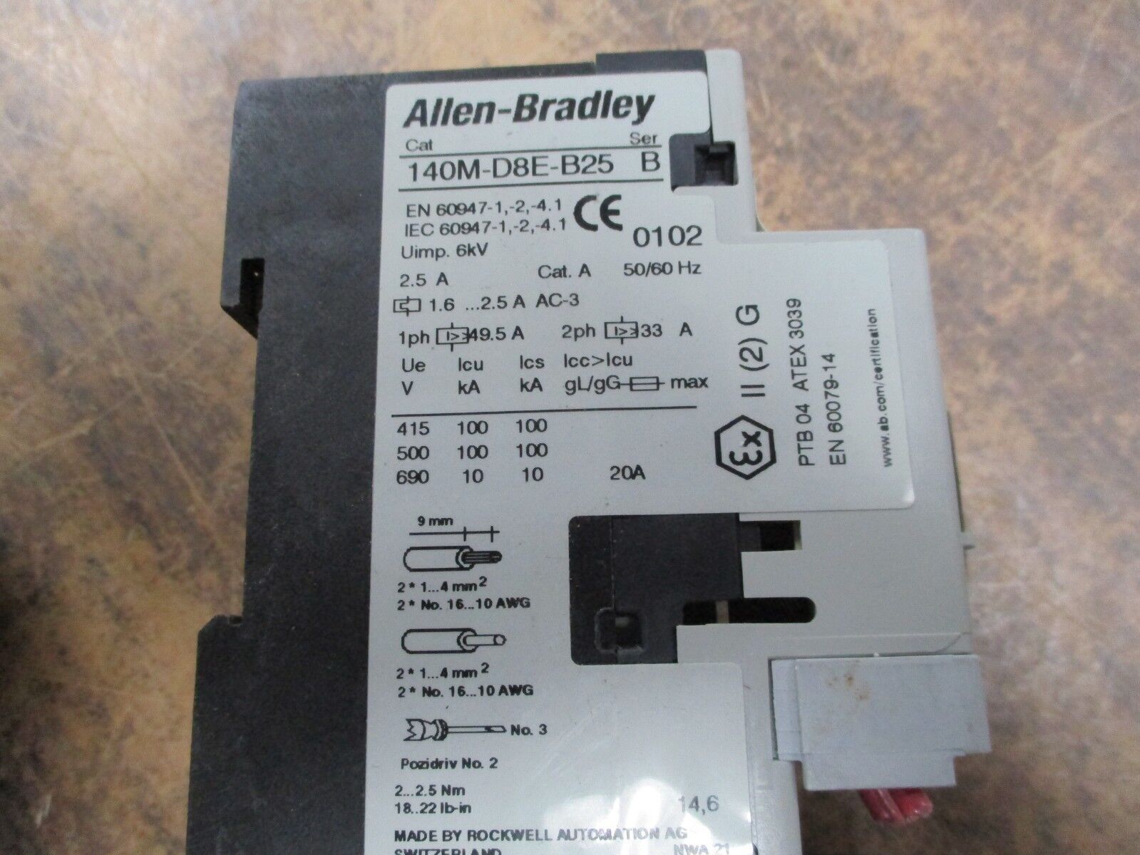 Allen-Bradley Starter 190E-AND2-CB10D-V 120V Coil 25A 600V Trip:1.6-2.5A Used