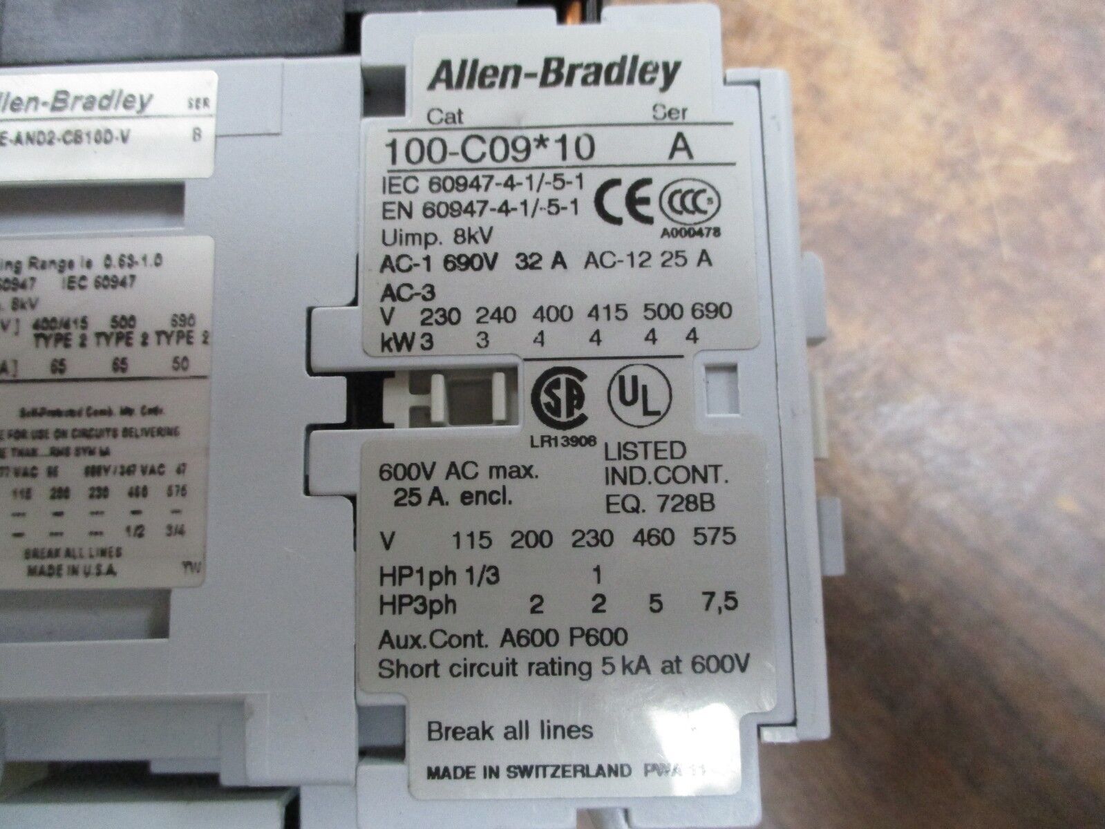 Allen-Bradley Starter 190E-AND2-CB10D-V 120V Coil 25A 600V Trip:1.6-2.5A Used