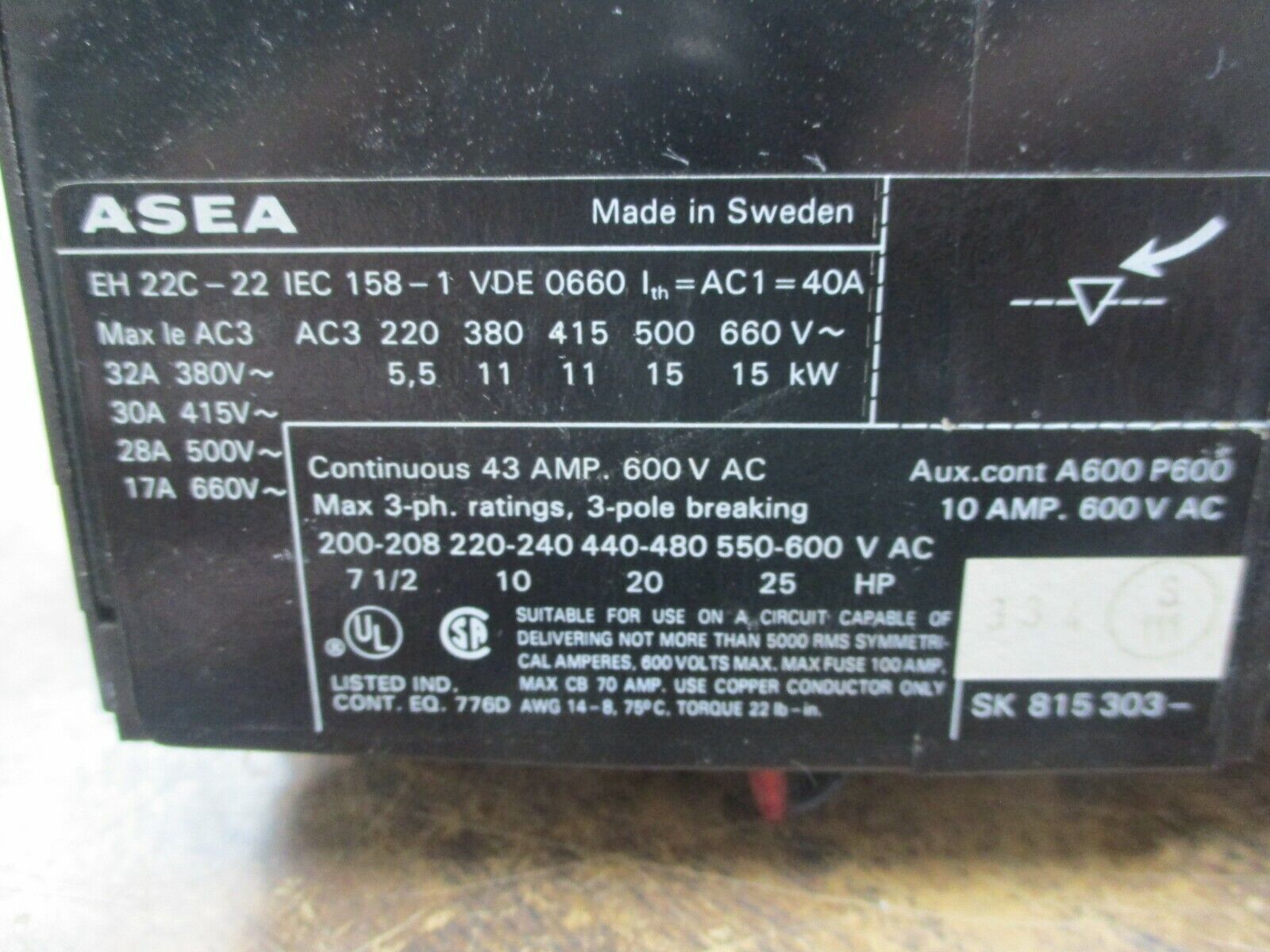 Asea Contactor EH 22C-22 24VDC Coil 43A 600V Used