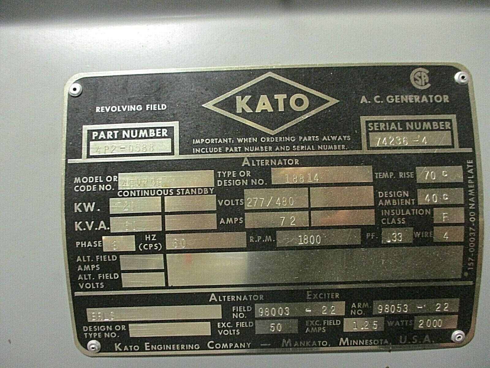 Kato AC Generator 4P2-0588 20kW 60kKVA 277/480V 72A 3Ph 60Hz 1800 RPM Used