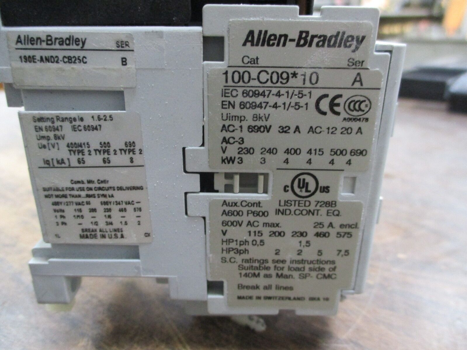 Allen-Bradley Starter 190E-AND2-CB25C 120V Coil 25A 600V Trip: 1.6-2.5A Used