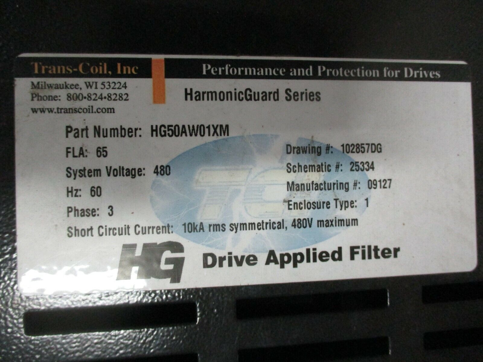 TCI HarmonicGuard Series Drive Applied Filter HG50AW01XM 65A 480V 60Hz 3Ph Used