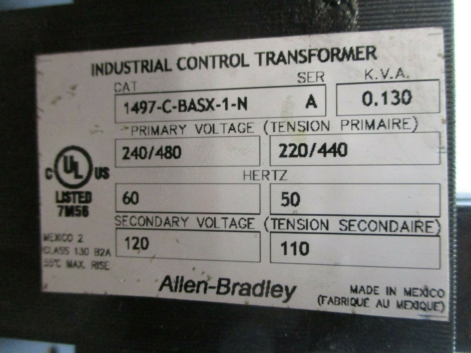 Allen-Bradley Control Transformer 1497-C-BASX-1-N Ser. A 0.130kVA Pri: 240/480V