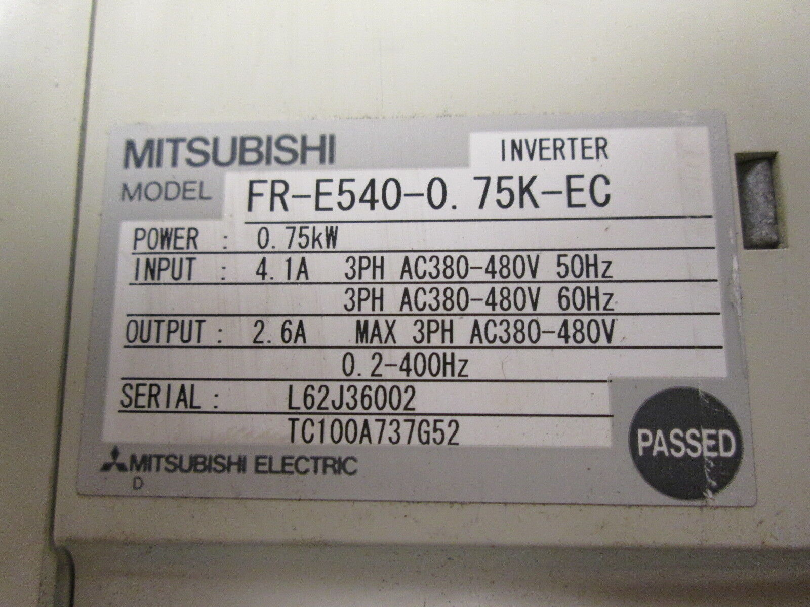Mitsubishi E500 AC Drive w/ RFI Filter FR-E540-075K-EC 0.75KW 3Ph, Used