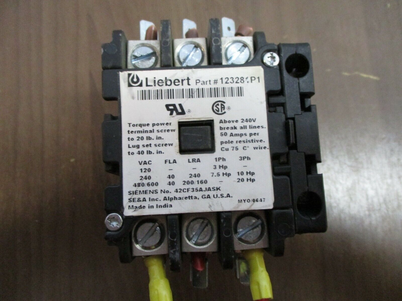 Liebert Contactor 123281P1 24V Coil 40A 600V w/ Aux Contact Used