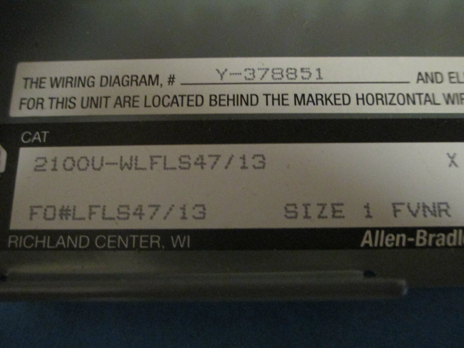 Allen-Bradley MCC Bucket Centerline 2100 Size 1 FVNR 2100U-WLFLS47/13