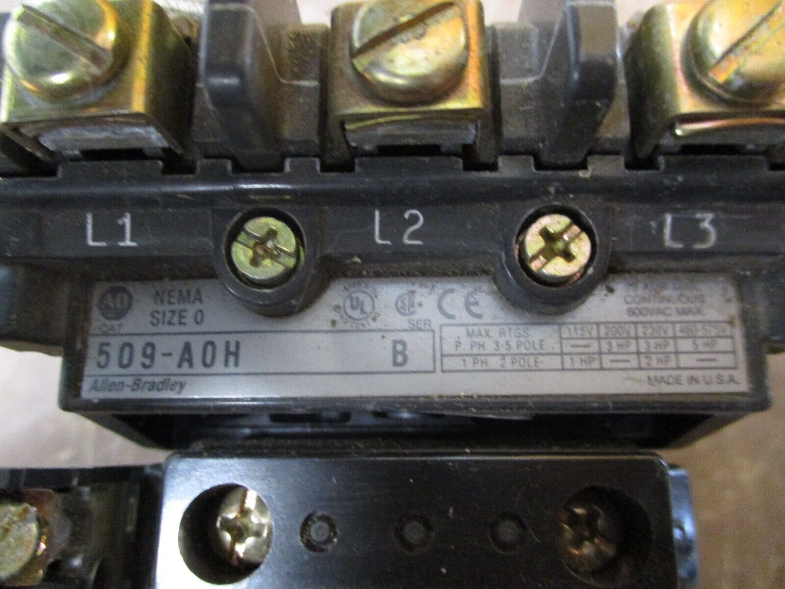 Allen-Bradley Size 0 Starter 509-A0H Ser. B 200-208V Coil 18A 600V Used