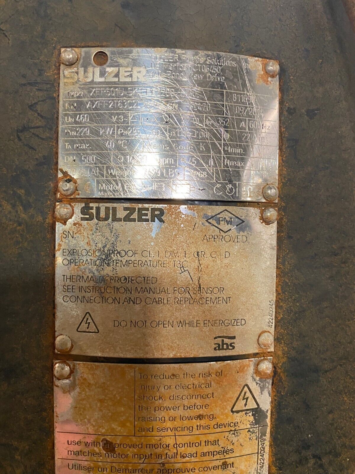 Sulzer Submersible Pump XFP501U SK3 PE2200/6-60 295HP 460V 3Ph 1195RPM Used