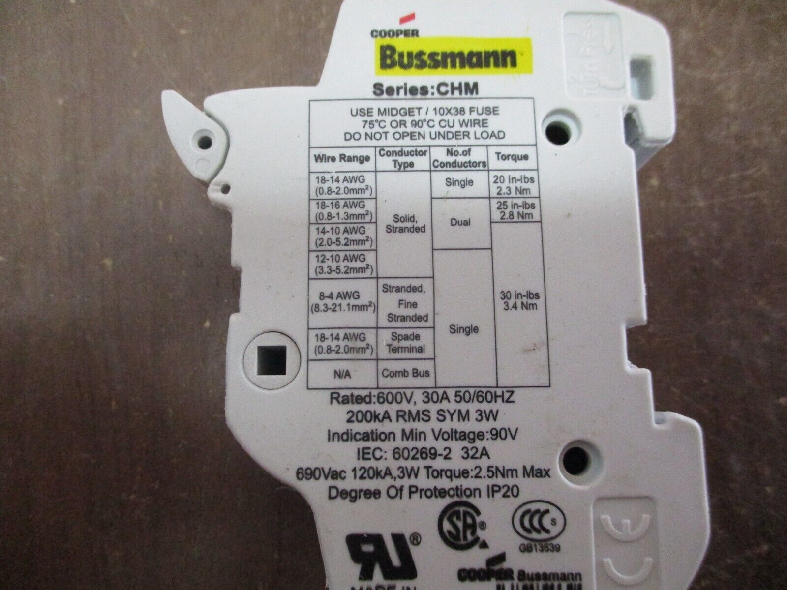 Bussmann Fuseholder CHM1 30A 600V 1P *Lot of 2* Used