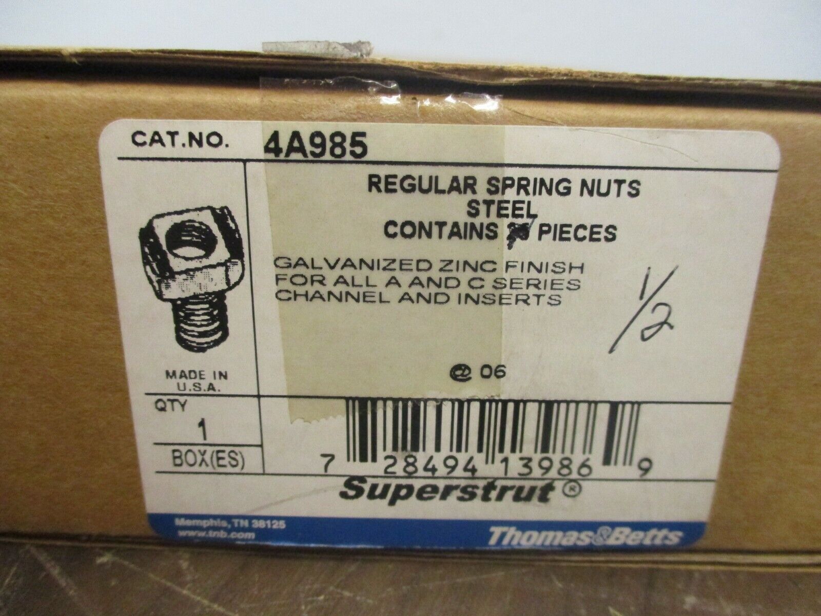 Thomas & Betts Superstrut Spring Nut 4A985 Galvanized Steel 1/2" *Box of 24*