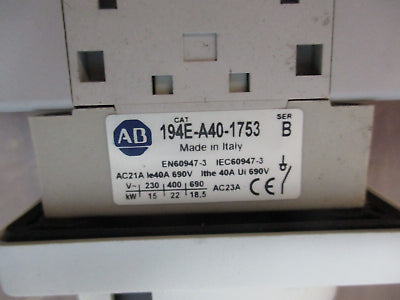 Allen-Bradley Disconnect Switch 194E-A40-1753 Ser. B 40A 600V Used