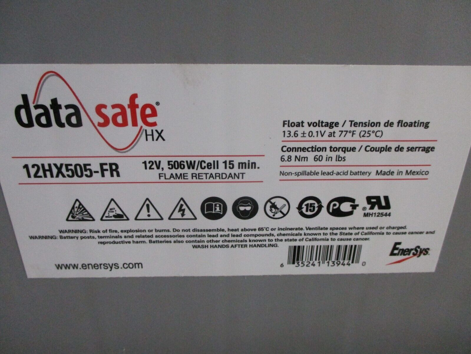 Enersys Data-Safe HX Lead-Acid Battery 12HX505-FR 12V 506W/Cell 15min Used